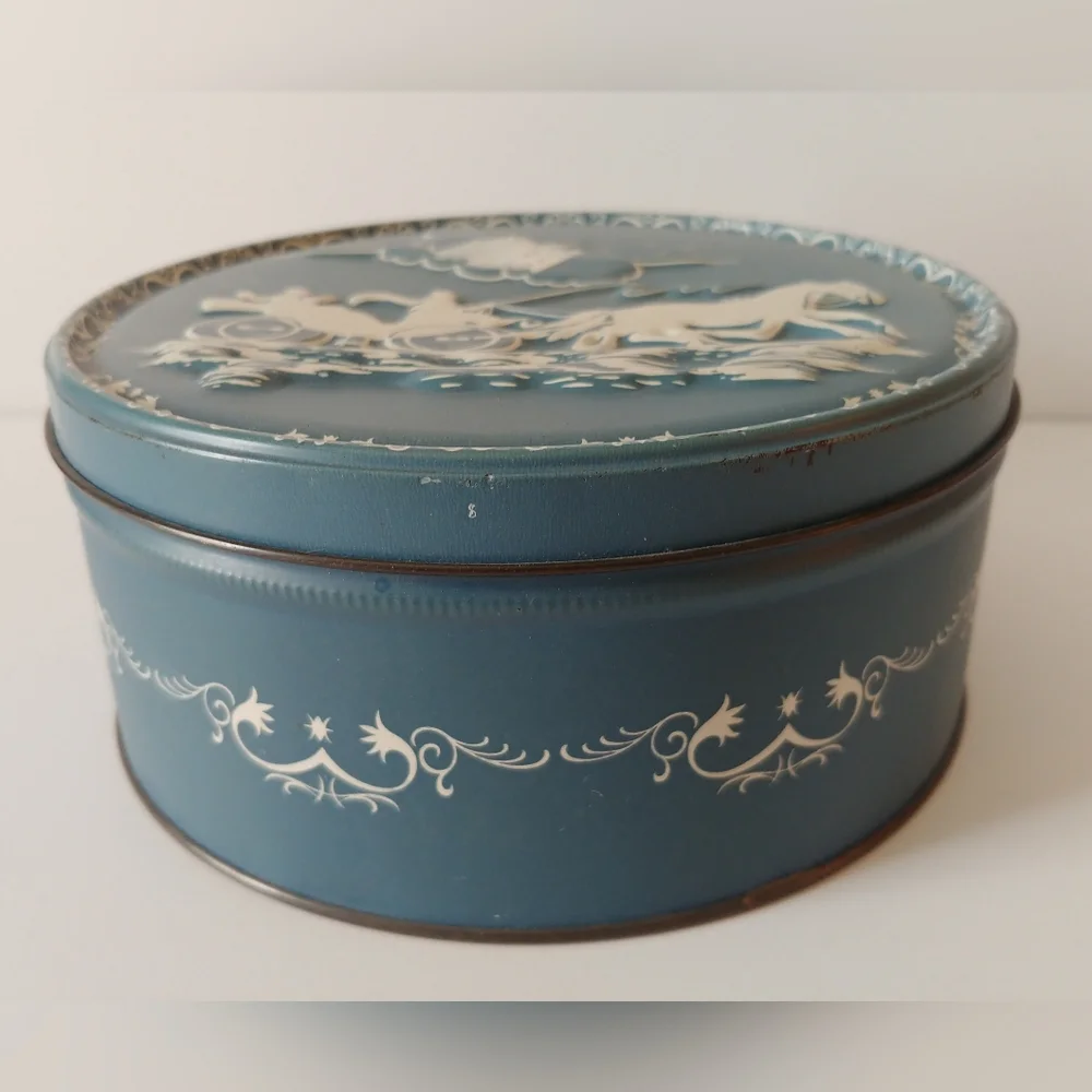 Vintage Faux Wedgewood China Tin Box Storage Horse and Carriage Buggy Blue White